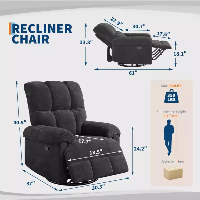 Fauteuil inclinable surdimensionné, fauteuil inclinable pivotant en chenille moelleuse surpiquée avec accoudoirs rembourrés, fauteuils à bascule pour chambre d'enfant