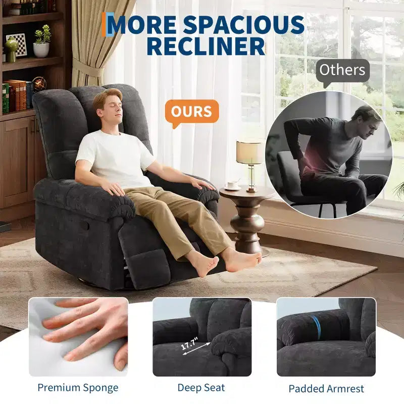 Fauteuil inclinable surdimensionné, fauteuil inclinable pivotant en chenille moelleuse surpiquée avec accoudoirs rembourrés, fauteuils à bascule pour chambre d'enfant