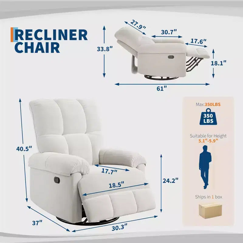Fauteuil inclinable surdimensionné, fauteuil inclinable pivotant en chenille moelleuse surpiquée avec accoudoirs rembourrés, fauteuils à bascule pour chambre d'enfant