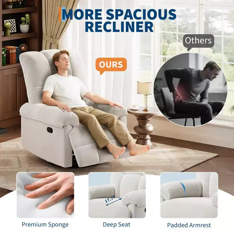 Fauteuil inclinable surdimensionné, fauteuil inclinable pivotant en chenille moelleuse surpiquée avec accoudoirs rembourrés, fauteuils à bascule pour chambre d'enfant