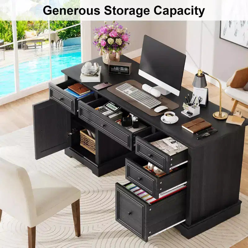 Bureau exécutif de ferme de 60 po avec tiroirs, armoire et texture gaufrée – Marron
