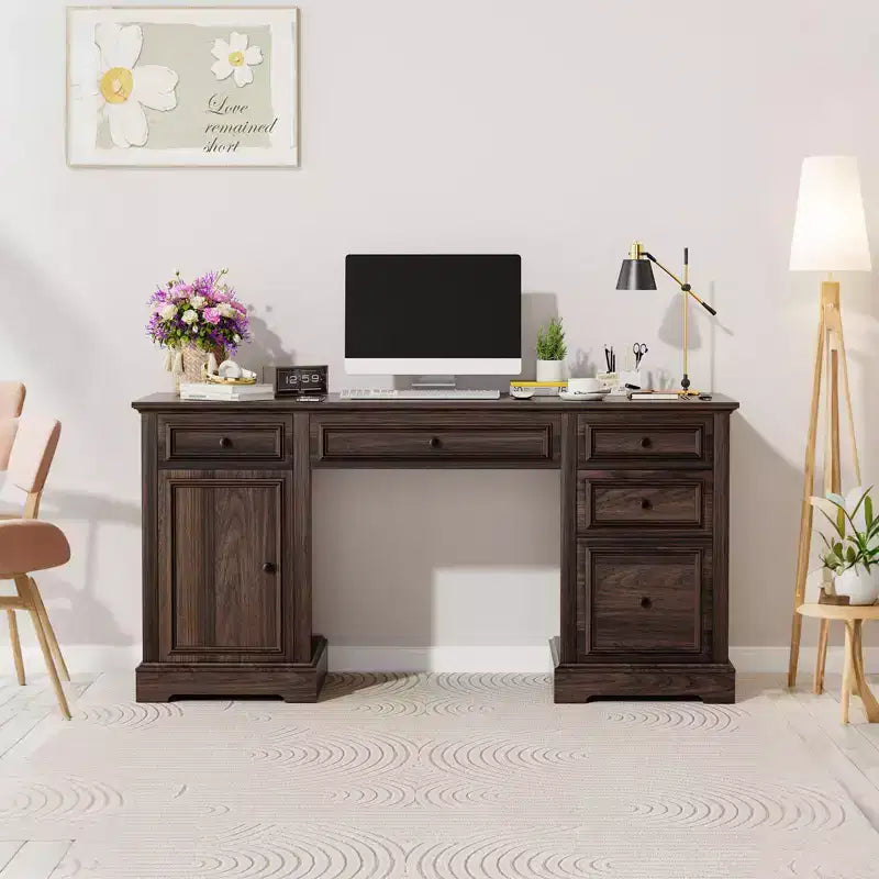 Bureau exécutif de ferme de 60 po avec tiroirs, armoire et texture gaufrée – Marron