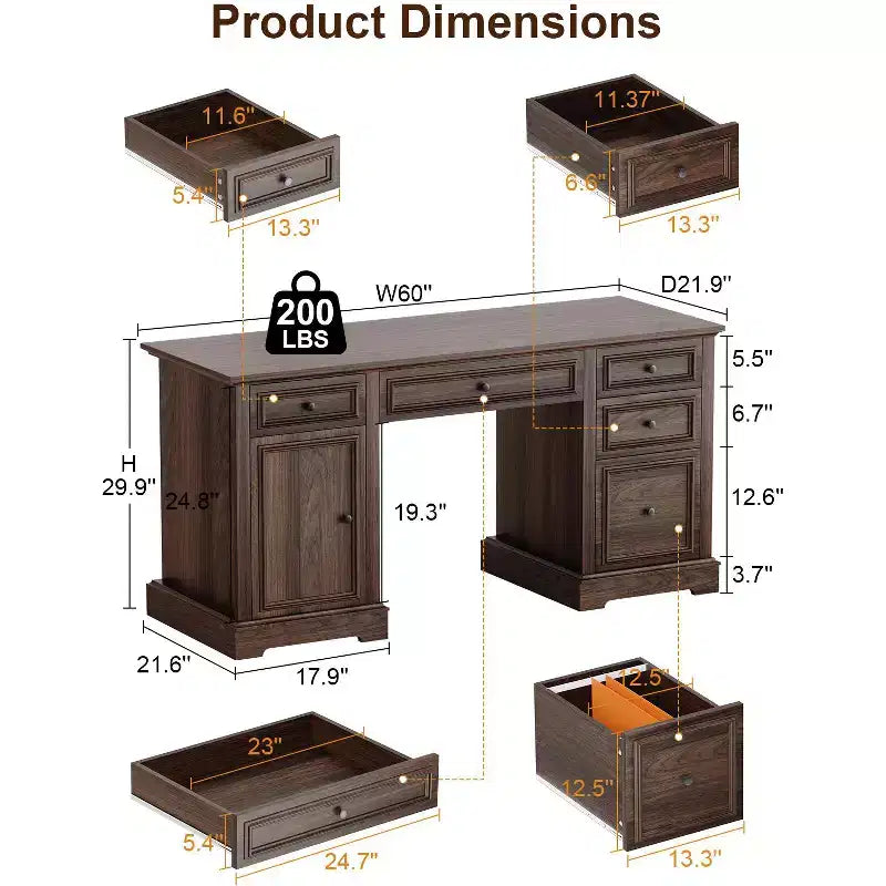 Bureau exécutif de ferme de 60 po avec tiroirs, armoire et texture gaufrée – Marron