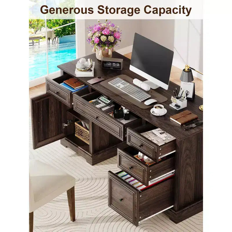 Bureau exécutif de ferme de 60 po avec tiroirs, armoire et texture gaufrée – Marron