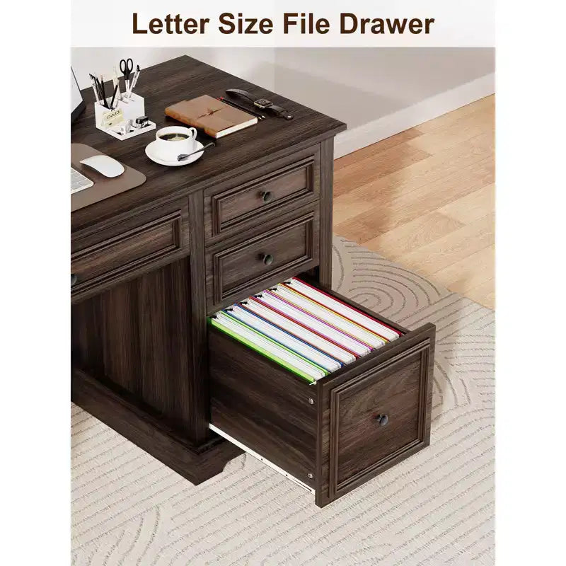 Bureau exécutif de ferme de 60 po avec tiroirs, armoire et texture gaufrée – Marron
