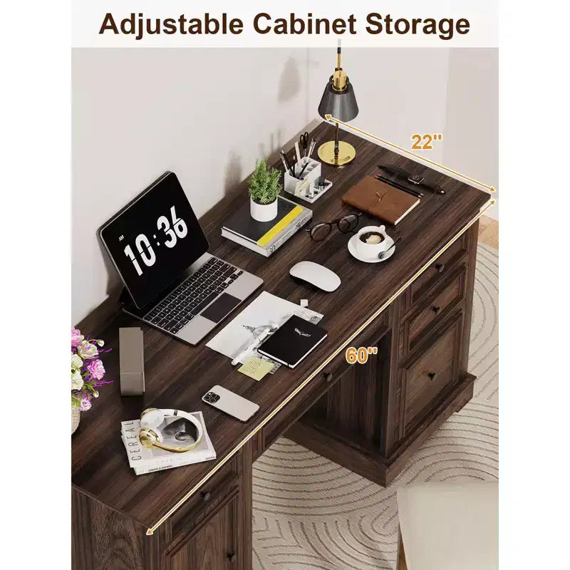 Bureau exécutif de ferme de 60 po avec tiroirs, armoire et texture gaufrée – Marron