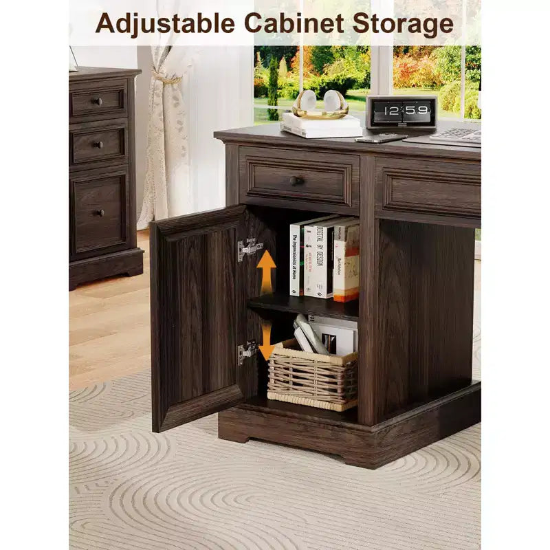 Bureau exécutif de ferme de 60 po avec tiroirs, armoire et texture gaufrée – Marron