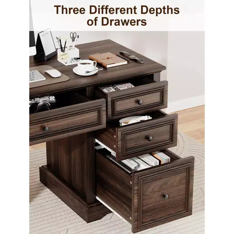Bureau exécutif de ferme de 60 po avec tiroirs, armoire et texture gaufrée – Marron