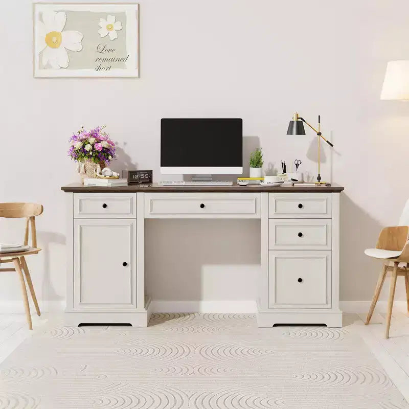 Bureau exécutif de ferme de 60 po avec tiroirs, armoire et texture gaufrée – Marron