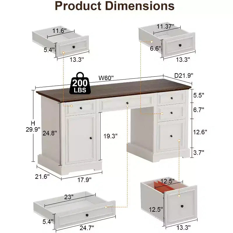 Bureau exécutif de ferme de 60 po avec tiroirs, armoire et texture gaufrée – Marron