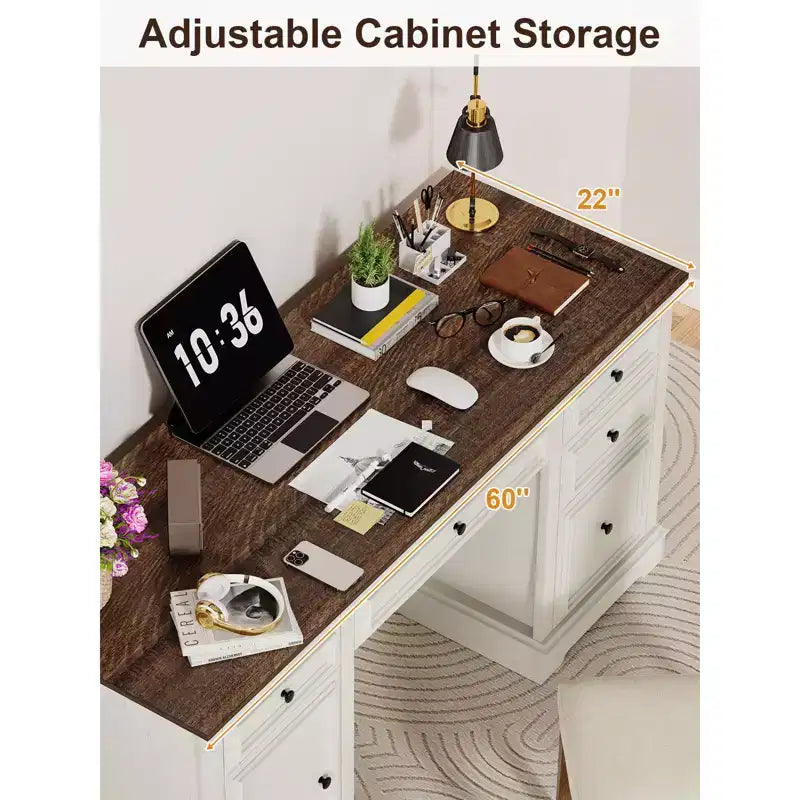 Bureau exécutif de ferme de 60 po avec tiroirs, armoire et texture gaufrée – Marron