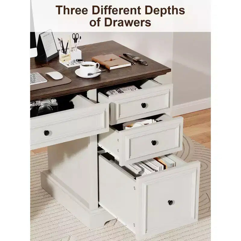 Bureau exécutif de ferme de 60 po avec tiroirs, armoire et texture gaufrée – Marron