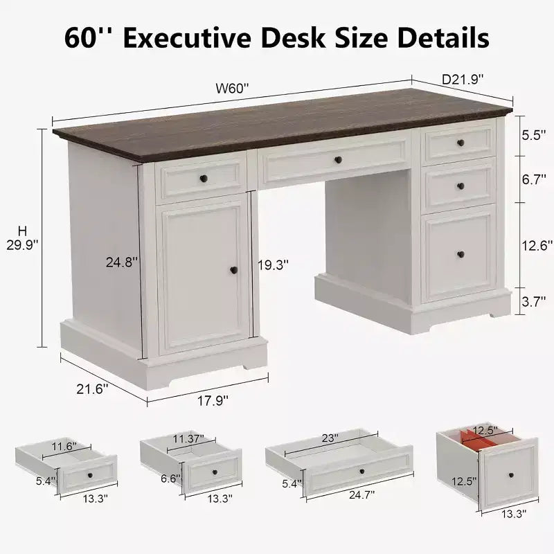 Bureau exécutif de ferme de 60 po avec tiroirs, armoire et texture gaufrée – Marron