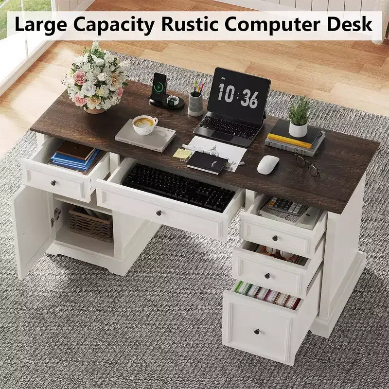 Bureau exécutif de ferme de 60 po avec tiroirs, armoire et texture gaufrée – Marron