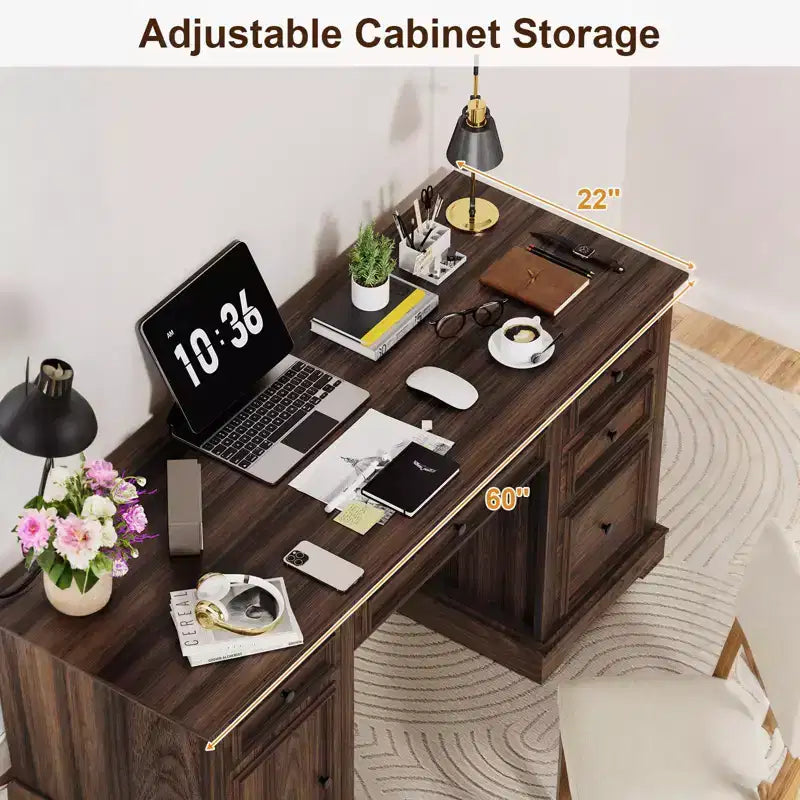 Bureau exécutif de ferme de 60 po avec tiroirs, armoire et texture gaufrée – Marron