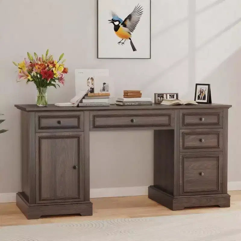 Bureau exécutif de ferme de 60 po avec tiroirs, armoire et texture gaufrée – Marron