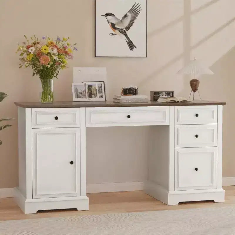 Bureau exécutif de ferme de 60 po avec tiroirs, armoire et texture gaufrée – Marron