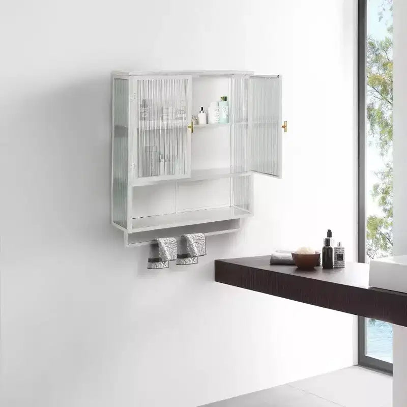 Meuble haut de salle de bain mural avec étagères amovibles, meuble de rangement WC gain de place, armoire à pharmacie avec porte en verre trempé