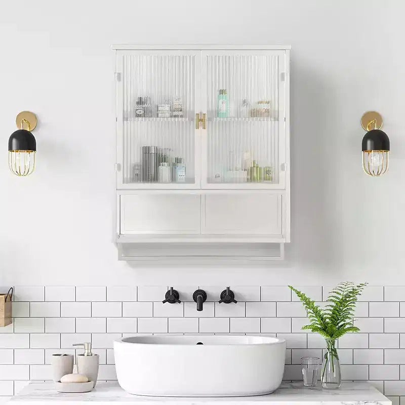 Meuble haut de salle de bain mural avec étagères amovibles, meuble de rangement WC gain de place, armoire à pharmacie avec porte en verre trempé
