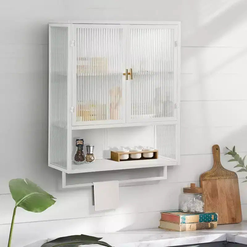 Meuble haut de salle de bain mural avec étagères amovibles, meuble de rangement WC gain de place, armoire à pharmacie avec porte en verre trempé