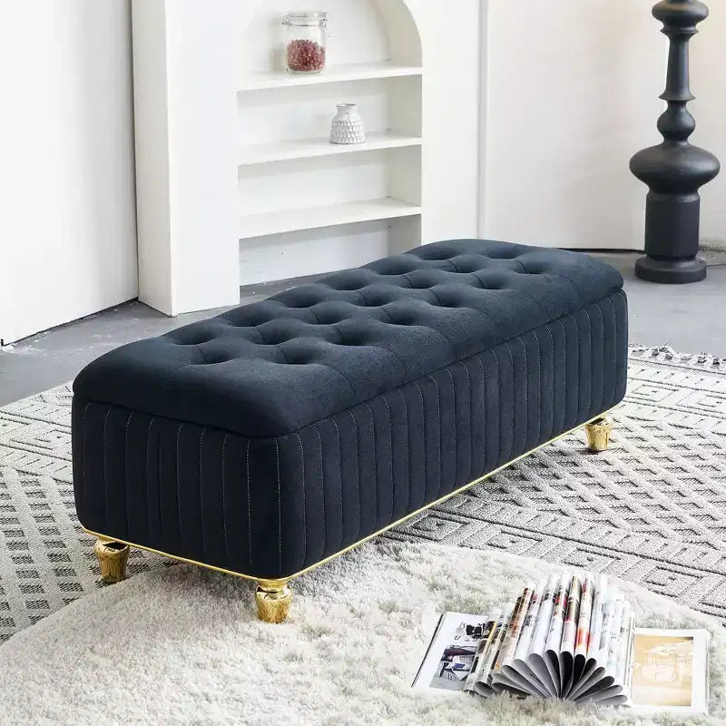 Pouf de rangement capitonné en velours avec charnière de sécurité – Salon et chambre à coucher