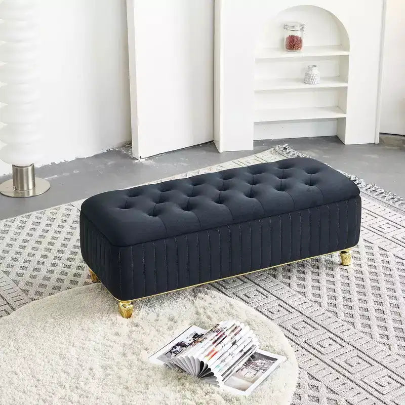 Pouf de rangement capitonné en velours avec charnière de sécurité – Salon et chambre à coucher