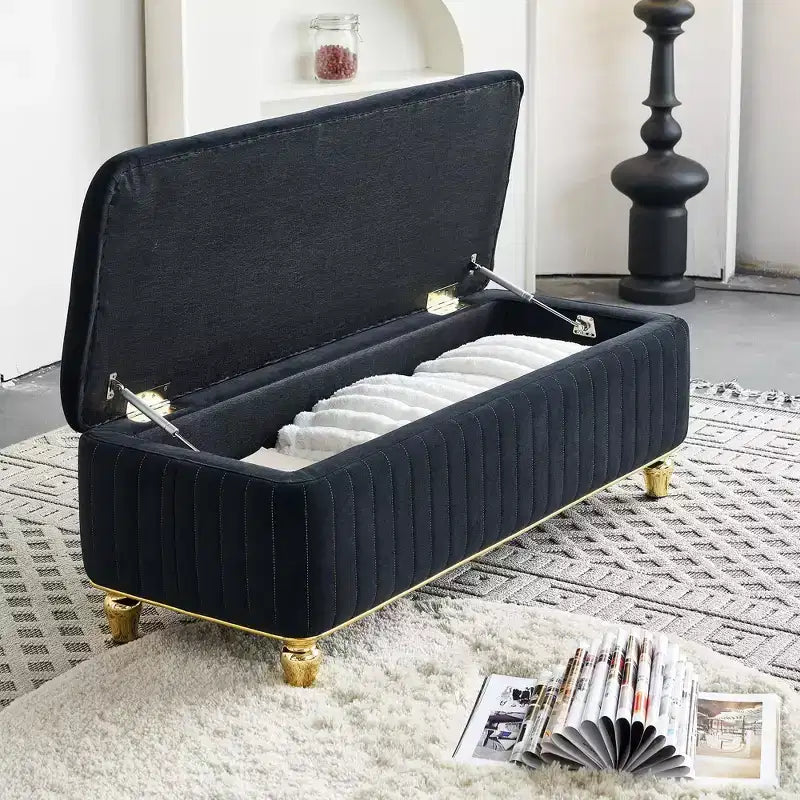 Pouf de rangement capitonné en velours avec charnière de sécurité – Salon et chambre à coucher