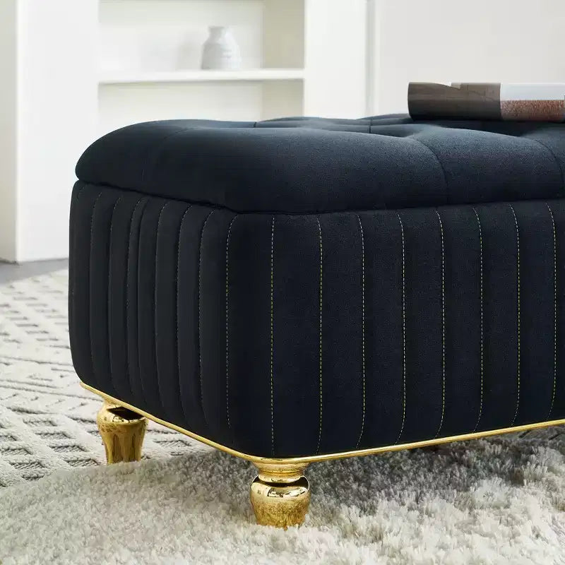 Pouf de rangement capitonné en velours avec charnière de sécurité – Salon et chambre à coucher