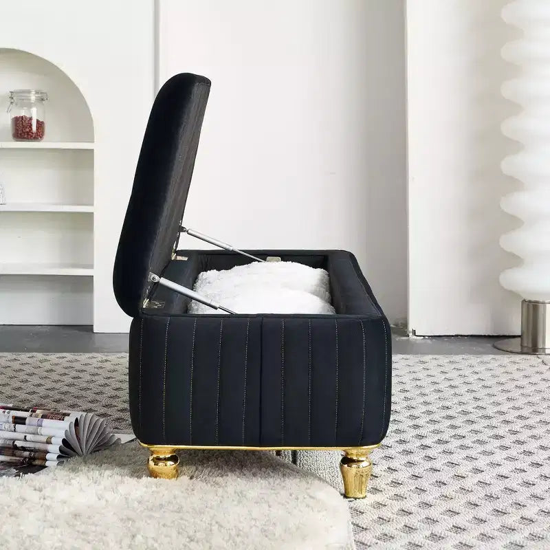 Pouf de rangement capitonné en velours avec charnière de sécurité – Salon et chambre à coucher