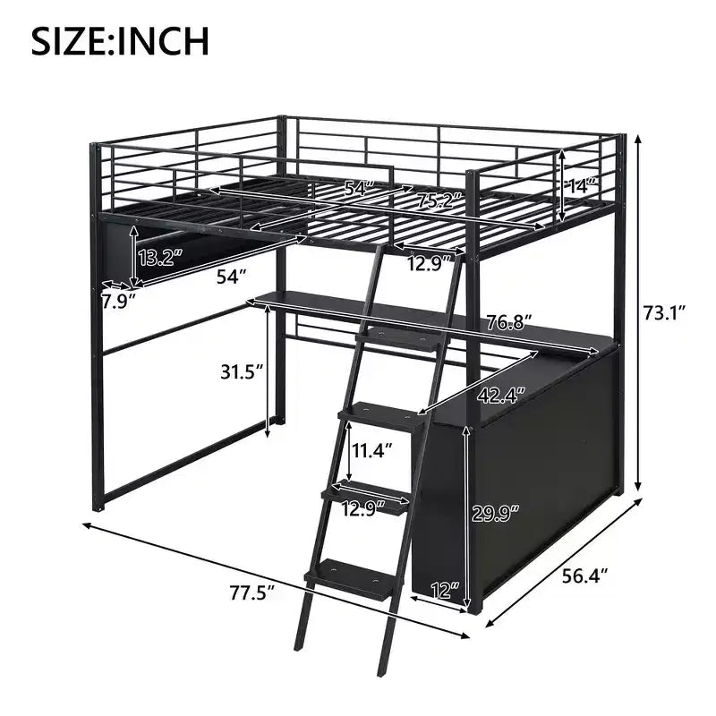 Lit mezzanine en métal pleine grandeur avec lumières LED, bureau et 4 étagères de rangement