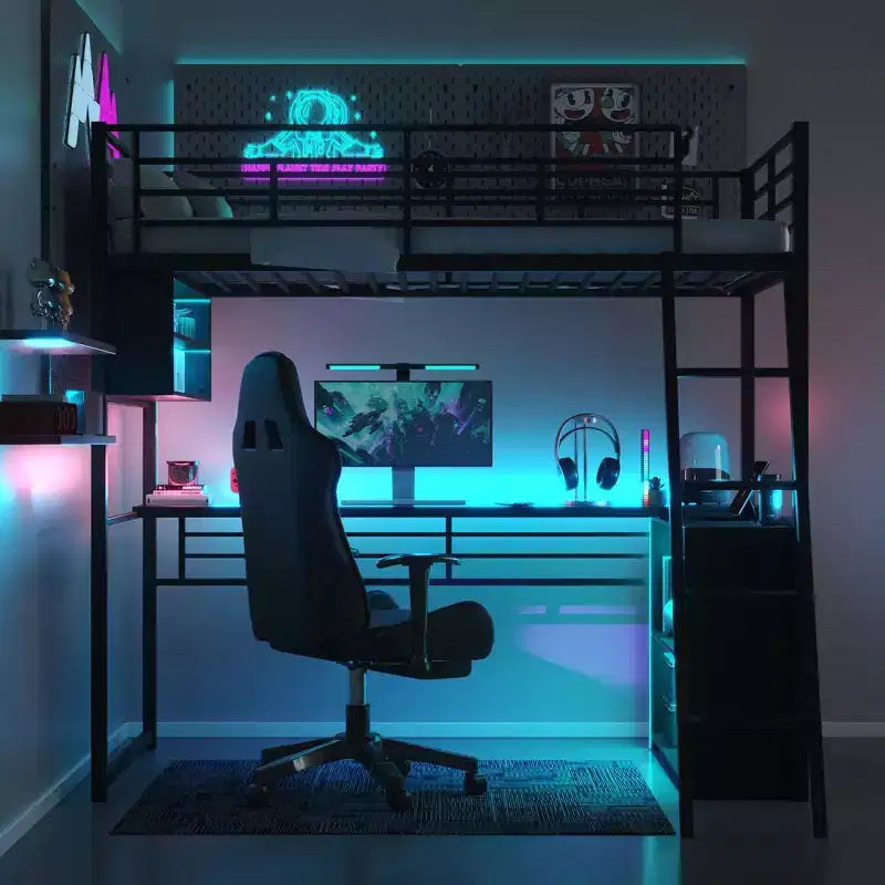 Lit mezzanine en métal pleine grandeur avec lumières LED, bureau et 4 étagères de rangement
