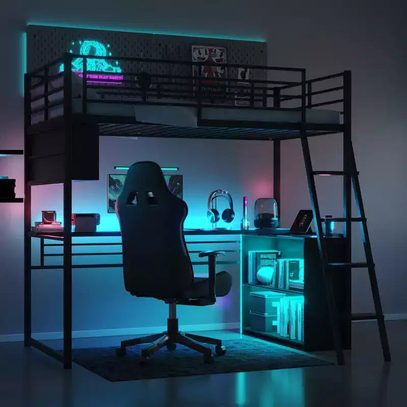 Lit mezzanine en métal pleine grandeur avec lumières LED, bureau et 4 étagères de rangement