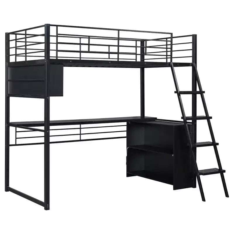Lit mezzanine en métal pleine grandeur avec lumières LED, bureau et 4 étagères de rangement