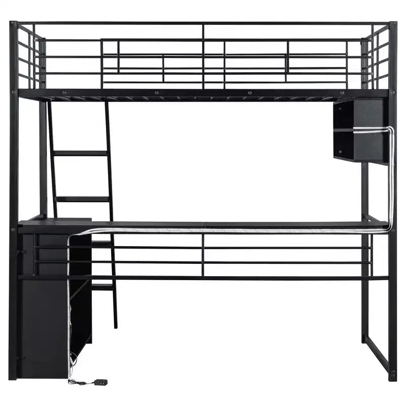 Lit mezzanine en métal pleine grandeur avec lumières LED, bureau et 4 étagères de rangement