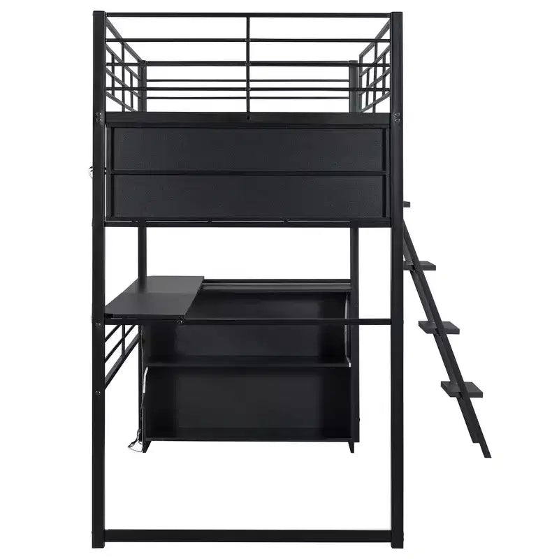 Lit mezzanine en métal pleine grandeur avec lumières LED, bureau et 4 étagères de rangement