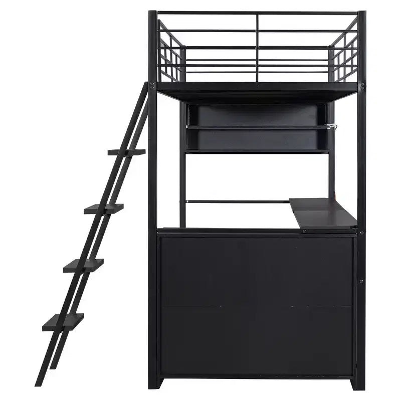 Lit mezzanine en métal pleine grandeur avec lumières LED, bureau et 4 étagères de rangement