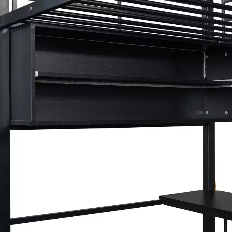 Lit mezzanine en métal pleine grandeur avec lumières LED, bureau et 4 étagères de rangement
