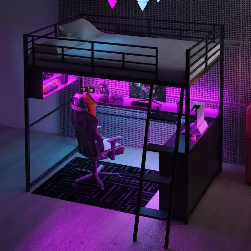 Lit mezzanine en métal pleine grandeur avec lumières LED, bureau et 4 étagères de rangement