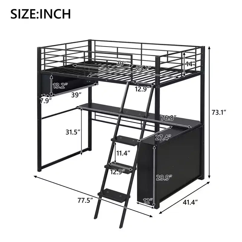 Lit mezzanine en métal pleine grandeur avec lumières LED, bureau et 4 étagères de rangement