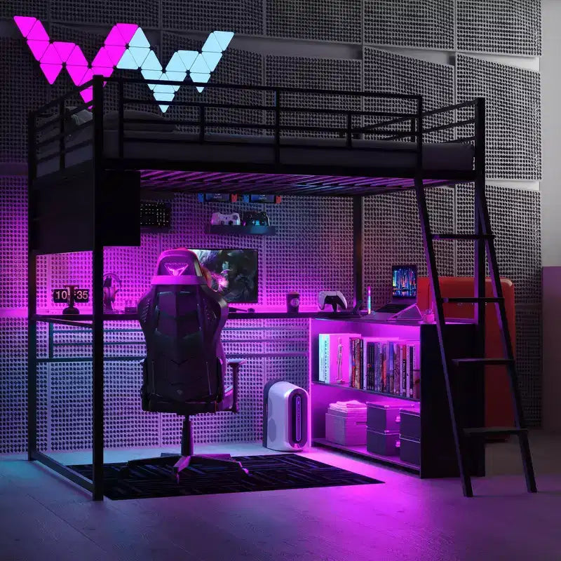 Lit mezzanine en métal pleine grandeur avec lumières LED, bureau et 4 étagères de rangement