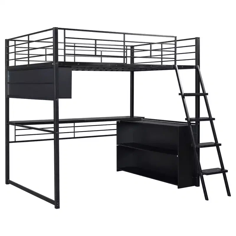 Lit mezzanine en métal pleine grandeur avec lumières LED, bureau et 4 étagères de rangement