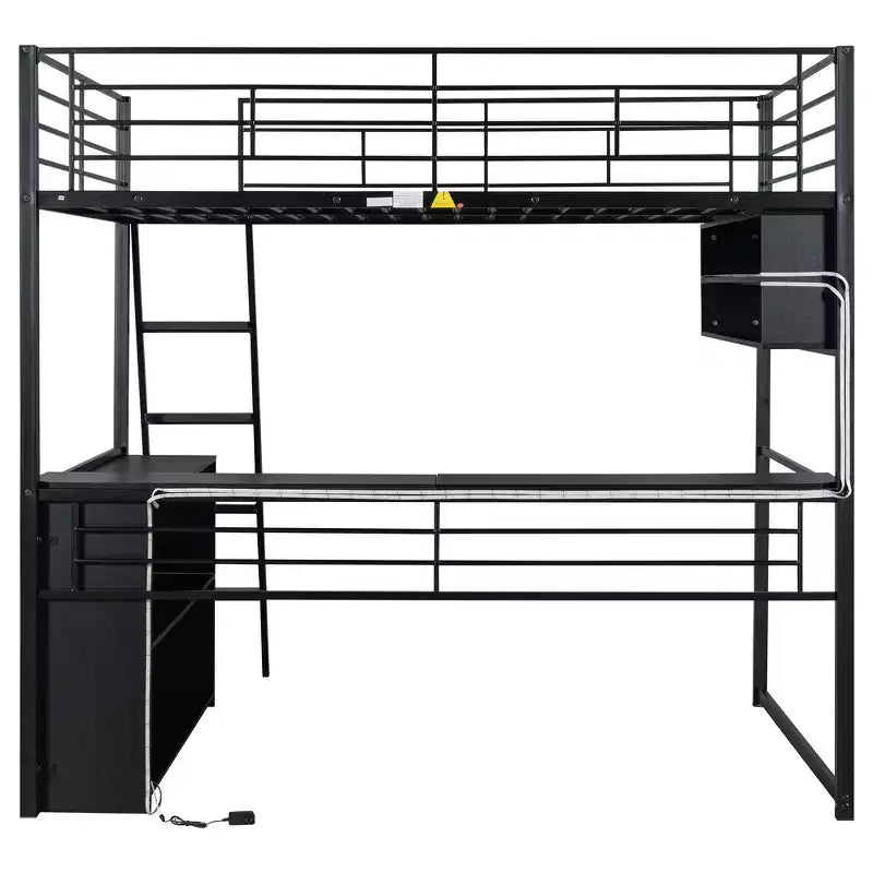 Lit mezzanine en métal pleine grandeur avec lumières LED, bureau et 4 étagères de rangement
