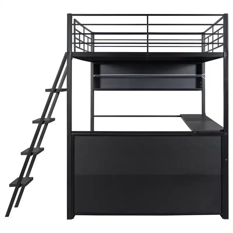 Lit mezzanine en métal pleine grandeur avec lumières LED, bureau et 4 étagères de rangement