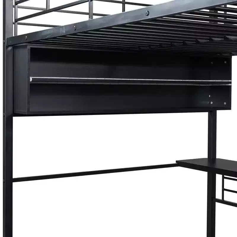 Lit mezzanine en métal pleine grandeur avec lumières LED, bureau et 4 étagères de rangement
