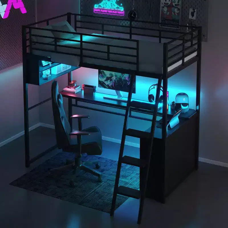 Lit mezzanine en métal pleine grandeur avec lumières LED, bureau et 4 étagères de rangement
