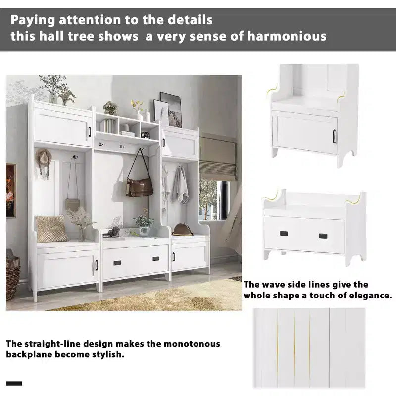 Arbre d'entrée 4-en-1 avec 7 patères, banc de rangement et placards – Blanc