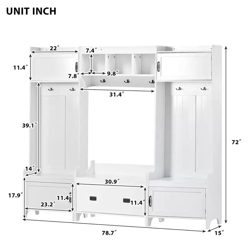 Arbre d'entrée 4-en-1 avec 7 patères, banc de rangement et placards – Blanc