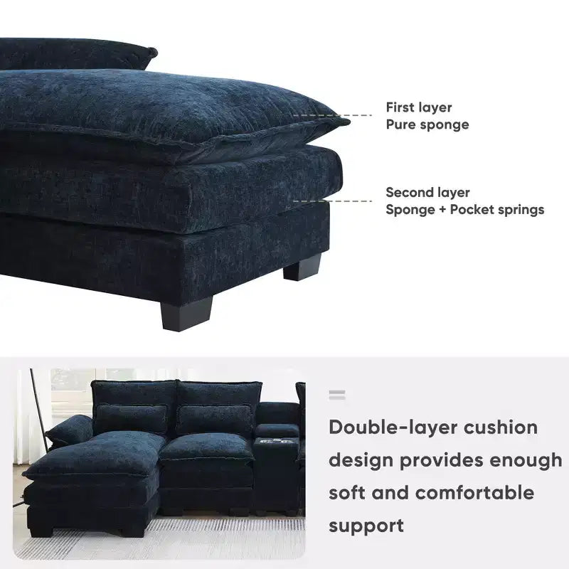 Canapé sectionnel en U de 312 cm avec port USB, porte-gobelets et console, canapé 6 places en chenille avec double coussin pour salon