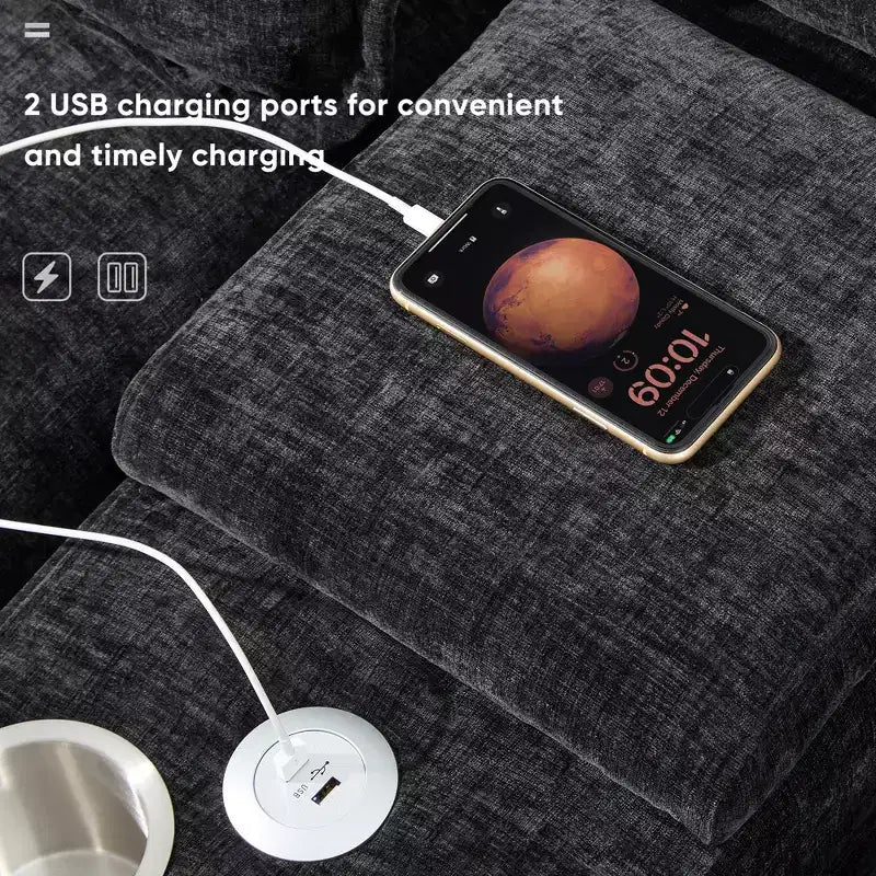 Canapé sectionnel en U de 312 cm avec port USB, porte-gobelets et console, canapé 6 places en chenille avec double coussin pour salon