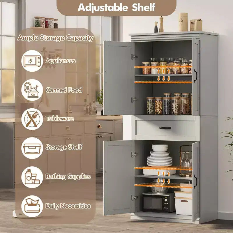 Meuble de rangement, armoire de cuisine haute de 70 po avec 2 portes et 3 étagères réglables, armoire autoportante, meuble de rangement moderne pour salle de bain